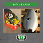 Before and after images of a blasted motorbike fuel tank.