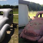 Before & after photos of rust and paint removed from a vehicle surface