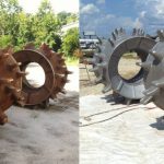 Before and After images of steel loader wheels on an industrial site..