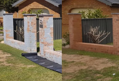 Before and after image of paint removed from a brick fence